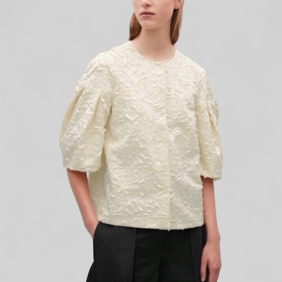 COS Women's Cotton Appliqué 3D Puff 3/4‎ Sleeve Evening Jacket Sz 10 Snap Front - Picture 1 of 9